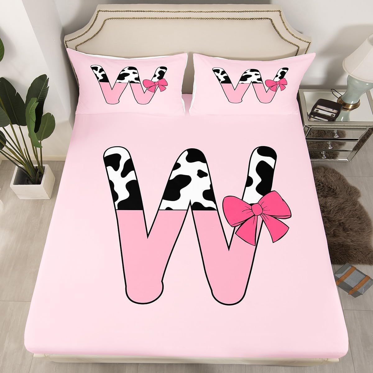 Erosebridal Girly Bows Fitted Sheet Queen Size Cow Print Bowknot Bed Sheets with Pink Bow Bedding,Monogrammed Bed Set Initial W Sheets for Kids Girls Personalized Cute Princess Room Decor,Soft Ultra