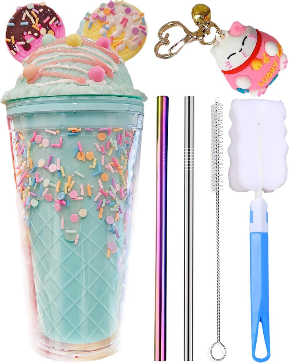 seelucky Unicorn Travel Tumbler with Straw Sequin Ice Drinking Cup Freezer Mug Plastic Cup for Picnic Party Birthday (ice cream ear blue 7)