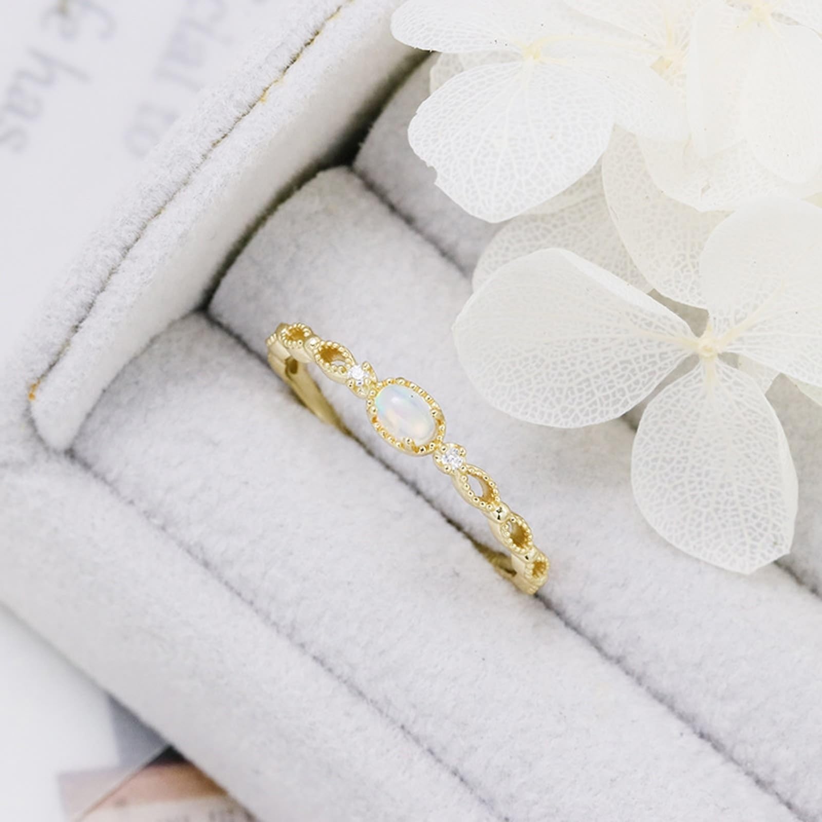 Anillo de boda oro 9 K/14 K/18 K con ópalo ovalado, elegante, filigrana pequeña