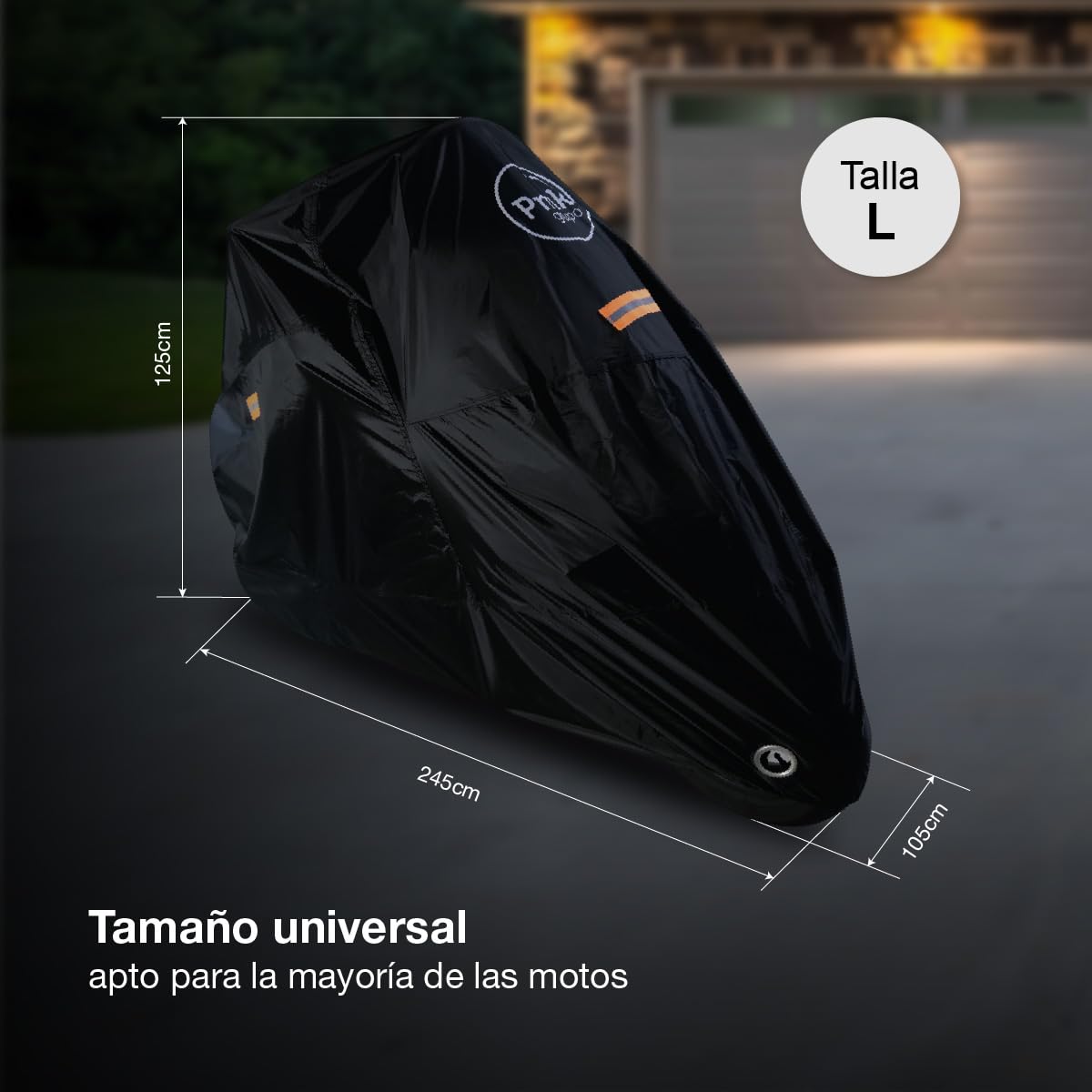 PMK GRUPO | Funda para Moto Impermeable 190T Talla L (245x105x125 cm) | Cubierta para Motocicleta y Scooter Exterior | Protector UV, Antirrobo con Ojal para Candado, Hebilla Antiviento y Reflectante