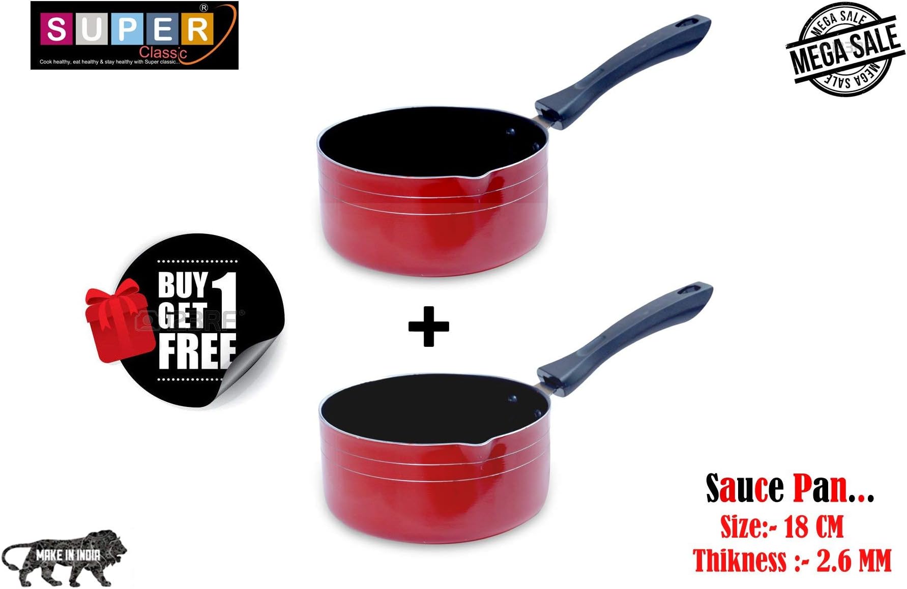 Super Classic Non-Stick Aluminium Sauce Pan Set, 6-Pieces, Red (2.6RSP180_2)