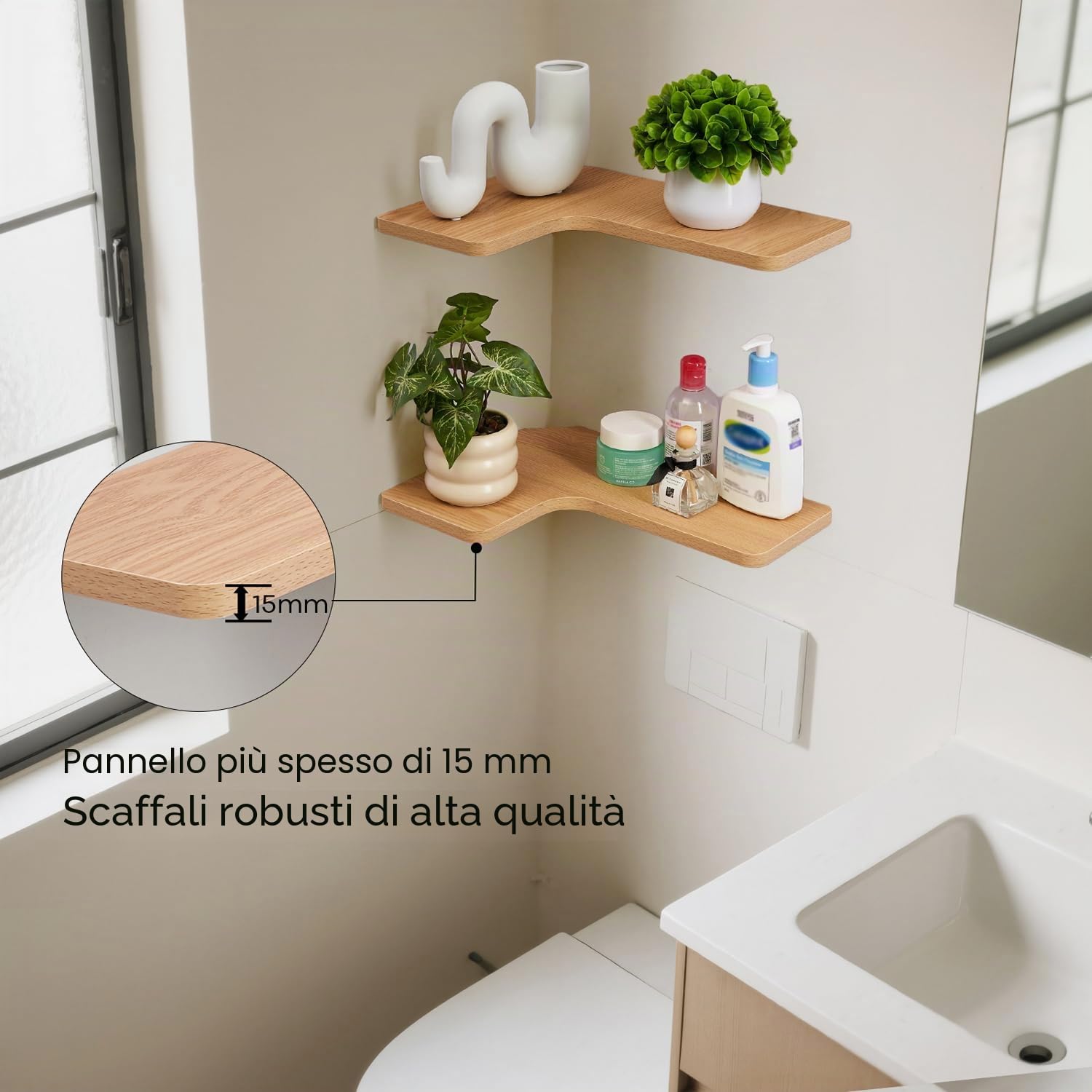 Gieanoo Mensola angolare da appendere, set da 2 scaffali da 40 cm, a forma di L, in legno, per cucina, bagno, soggiorno, camera da letto (naturale)