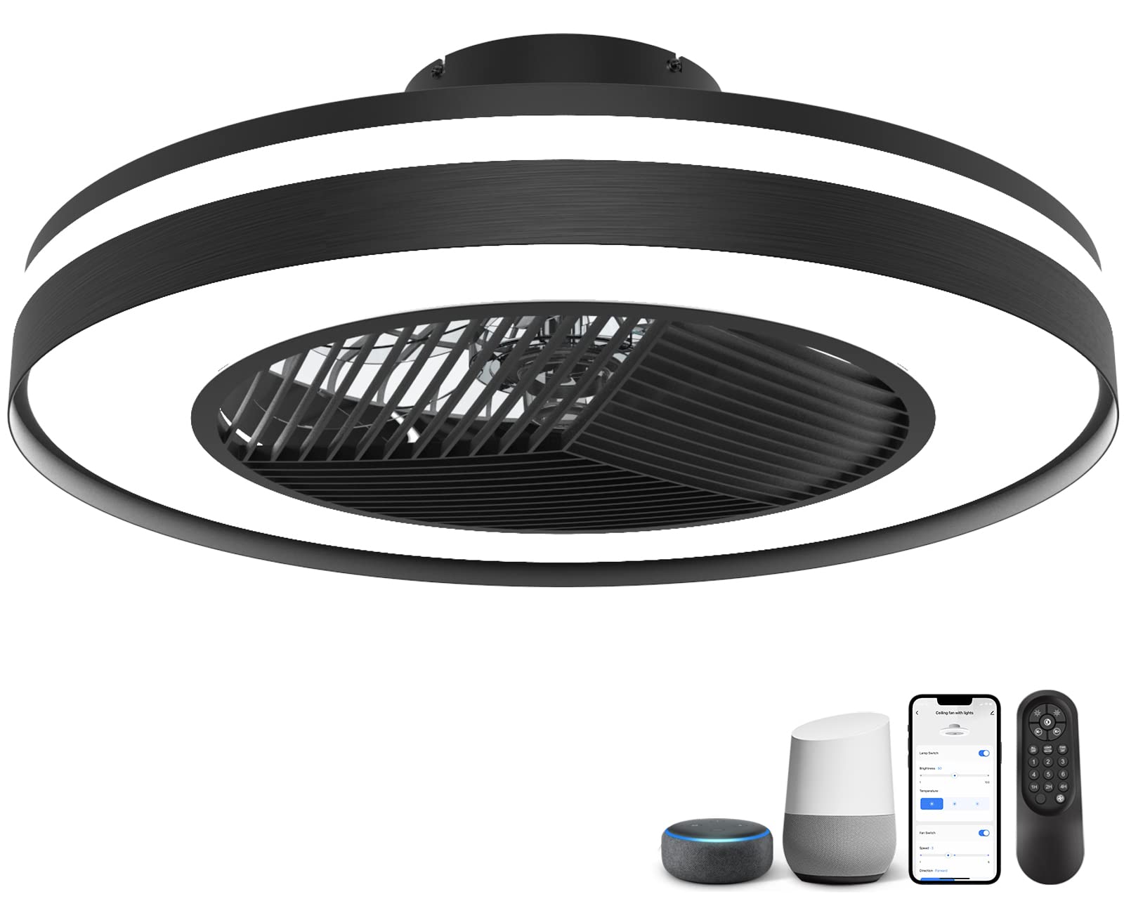 Photo 1 of JHHF Ceiling Fan with Lights Remote Control, Dimmable Fan Lighting, 20'' Enclosed Bladeless Fan, Semi Flush Mount, 2.4GHz Wi-Fi Bluetooth & App Controlled Works with Alexa and Google Assistant (Black) 20 inch Black