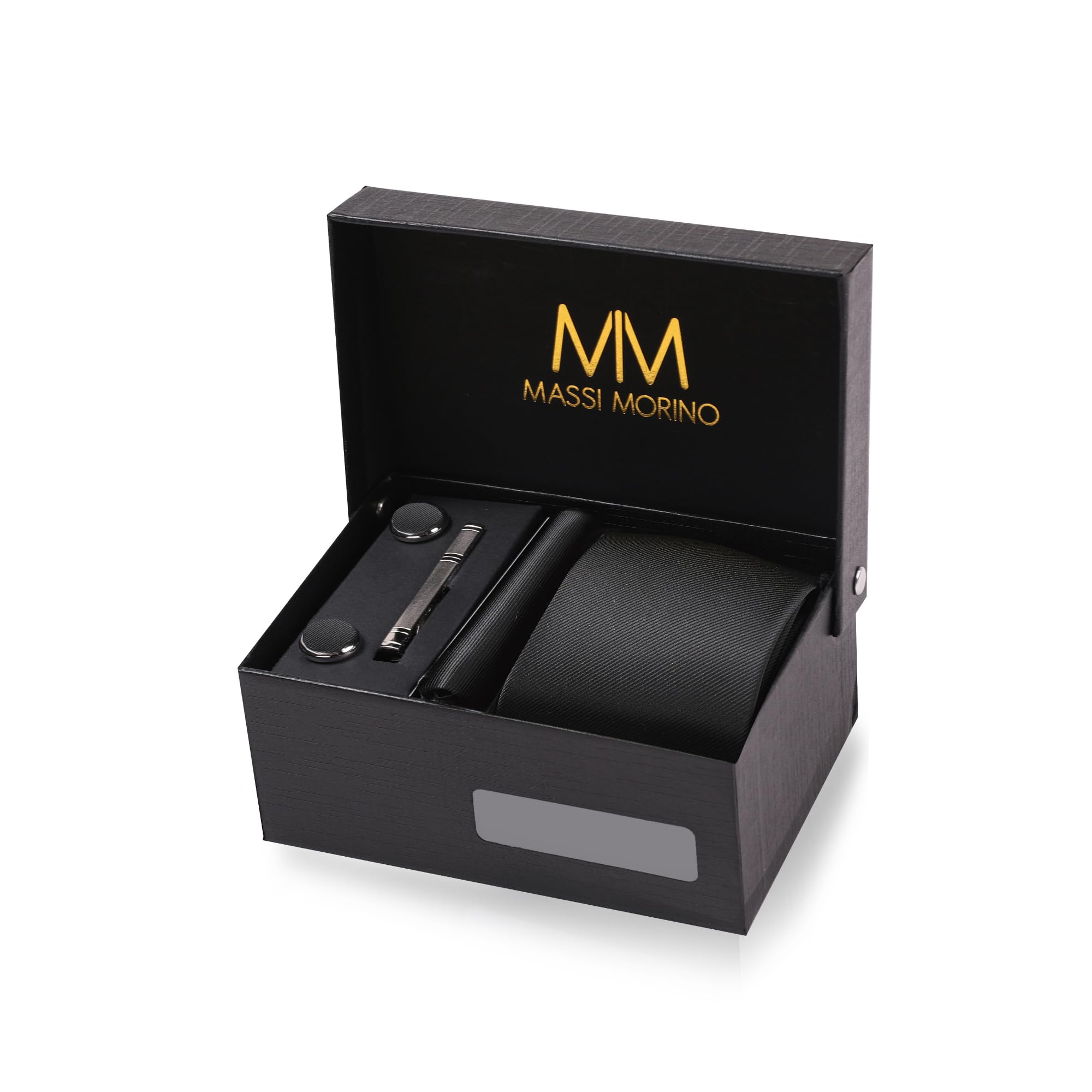 Massi Morino Krawatte Set Krawatte Schwarz mit Einstecktuch, Geschenkbox
