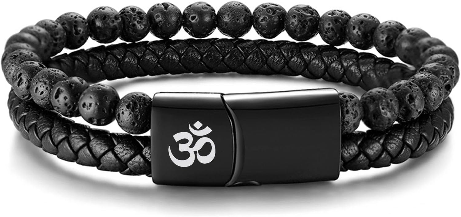 Men's Lava Rock Bracelet Healing Balancing Braided Leather Bracelets with Magnetic Clasp, 2 Layered Symbol Cuff Bracelets, 8.4"
