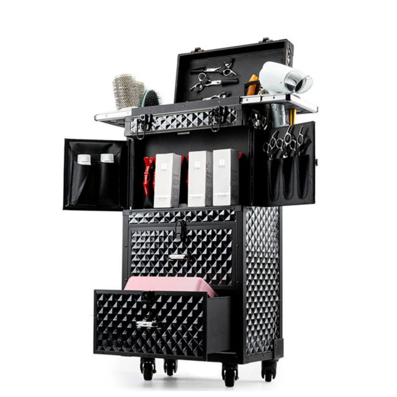 MhdunueSK Rolling Lockable Makeup Train Case, Hairdressing Travel Case with Wheels, Cosmetology Case on Wheels,Hair Stylist Travel Case with Hairdryer