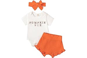 Baby Girl Pumpkin Romper + Ruffle Shorts Set + Headband: Perfect for Thanksgiving