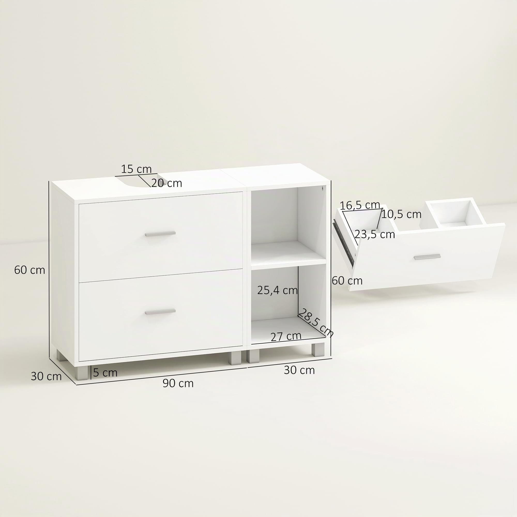 HOMCOM Mueble Bajo Lavabo, Mueble Baño para Pedestal 90x30x60 cm Blanco | 2 Cajones, 2 Estantes Abiertos, Estilo Moderno