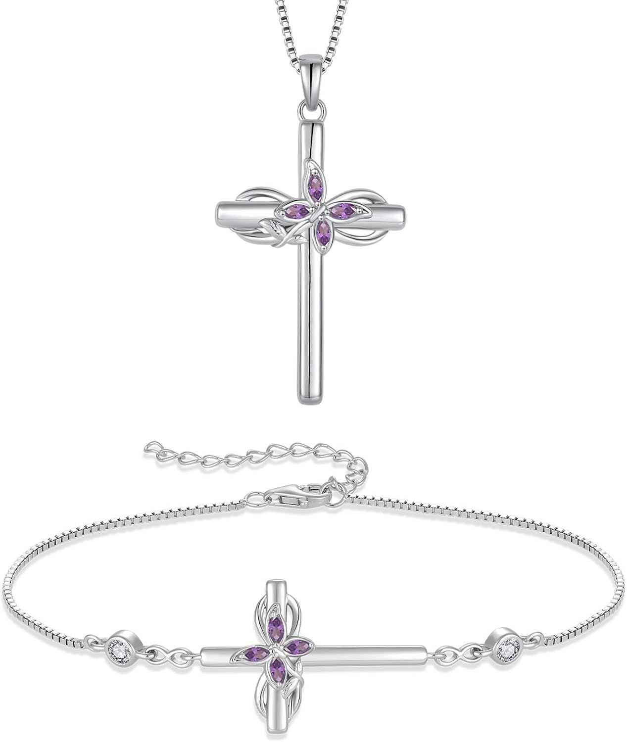 Cross Necklace and Bracelet for Women 925 Sterling Silver Infinity Butterfly Pendant Necklace Bracelet Amethyst February Birthstone Jewelry Set Crucifix Religious Jewelry