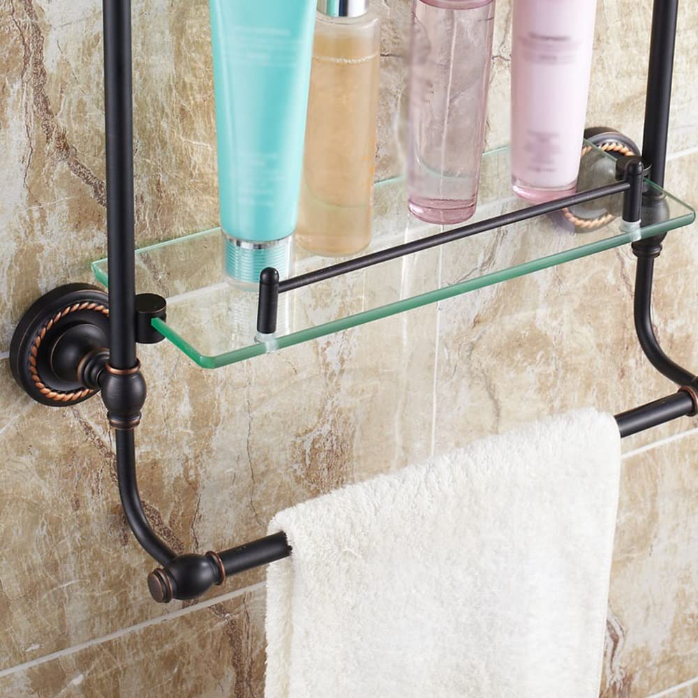 Estantes de baño exquisitos Caddy de Ducha Toallero de Bronce de Cobre Antiguo Negro, Estante de Vidrio Europeo con Barra Doble Cosméticos Almacenamiento de Estante de baño de 2 Capas