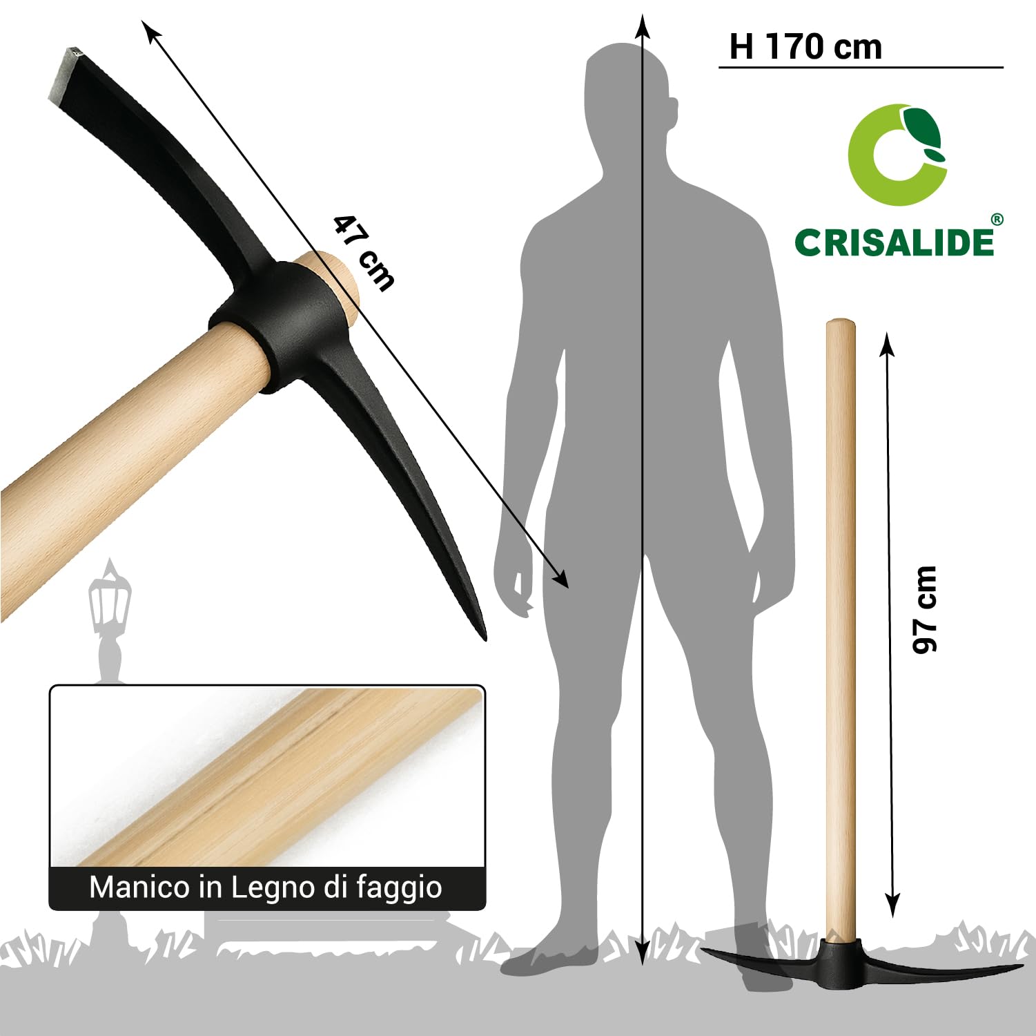 Crisalide® Piccone in Acciaio Temprato 47 cm con Manico in Legno di Faggio 97 cm – Attrezzo da Scavo Robusto per Terreni Rocciosi, Superfici Dure e Lavori Agricoli Intensivi