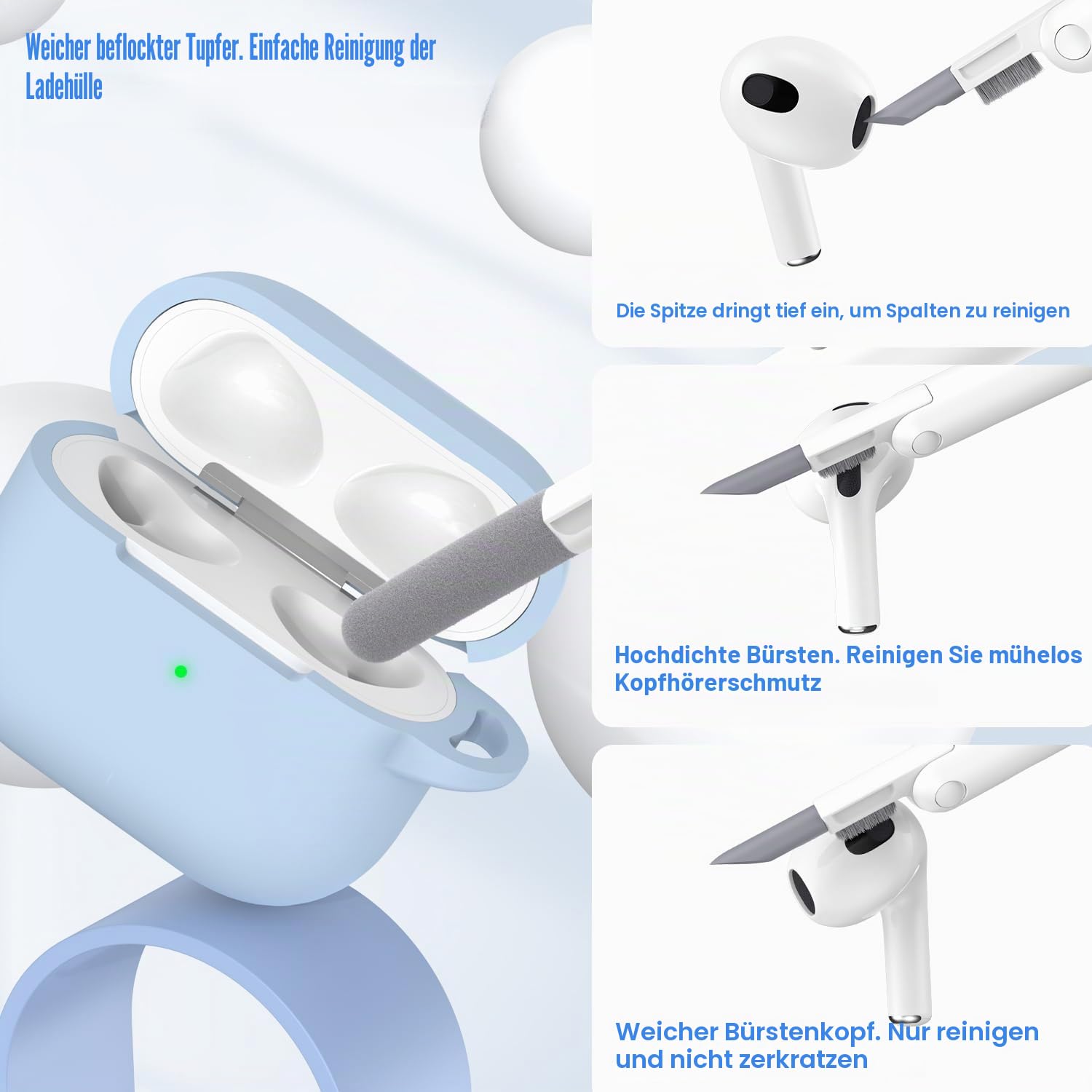 AirPods 3 Generation Hülle 2021 - Weicher Silikonschutz Mit Schlüsselanhänger und Reinigungsset, Kompatibel Mit AirPods 3, Himmelblau
