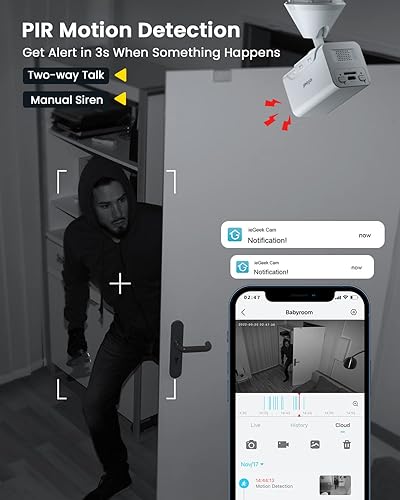 Miniatura 3 de ieGeek Cámaras inalámbricas para interiores para seguridad del hogar, mini cámara WiFi de batería para interiores, 1080P, audio de 2 vías, alarma