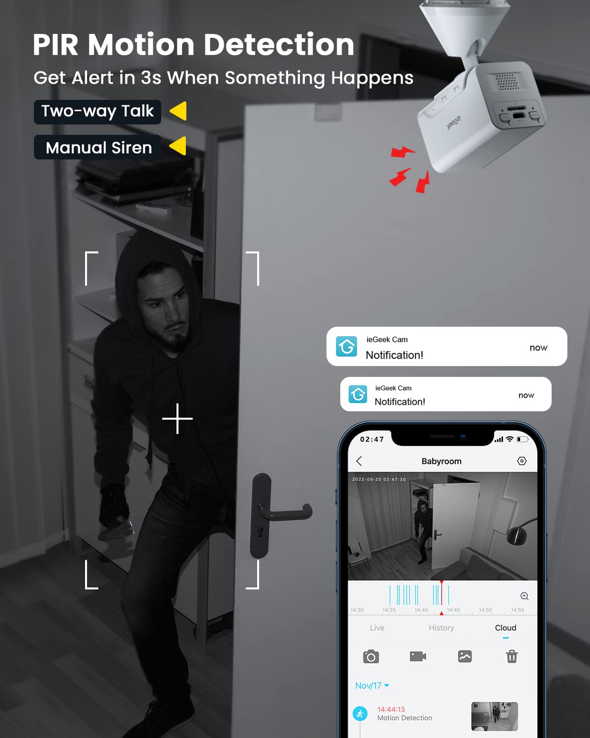 Image depicting a person entering a room, with the camera detecting motion and sending a notification to a smartphone, illustrating PIR motion detection and instant alerts.