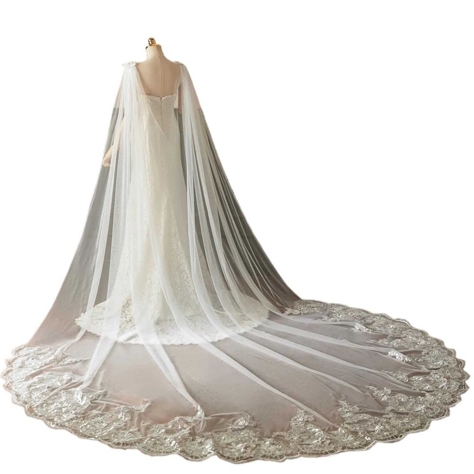 HEUchuan Wedding Dress Shawl Appliques Long Train Drag Tulle Wedding Dress Shawl Long Prom Party Wrap Cape Bridal Wrap(White2)