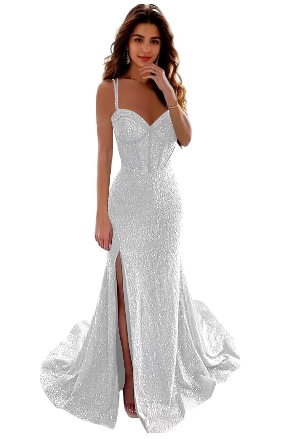 Sequin Mermaid Prom Dresses with Slit Spaghetti Straps Corset Ball Gowns Maxi Long Formal Evening Dresses AU111