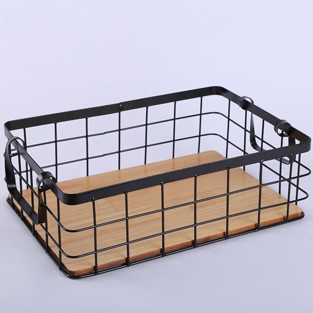 Bloepum Double-Ear Rectangular Kitchen Storage Basket Handle Basket Wrought Iron Basket Solid Wood Bottom Fruit Basket