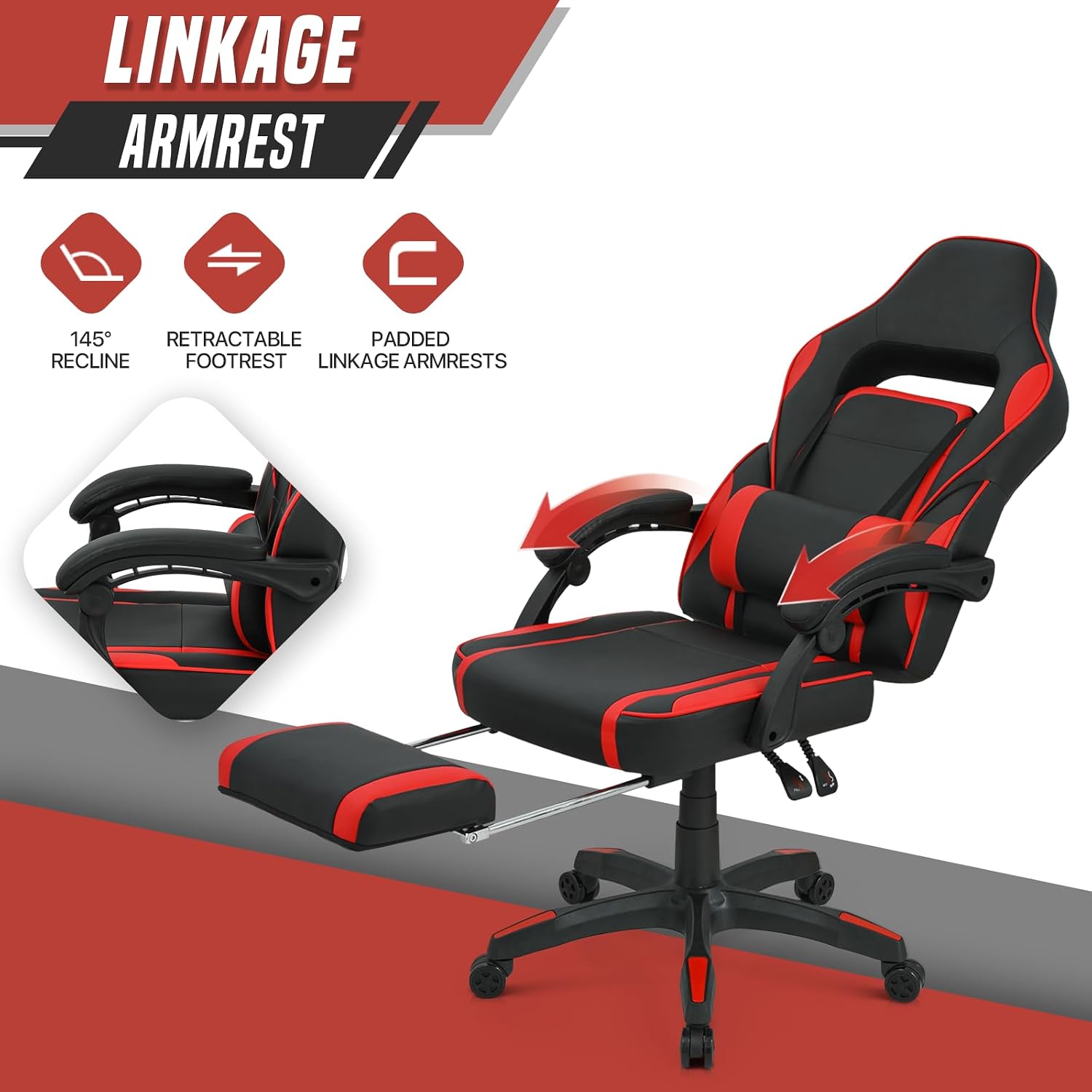 Gaming Chair, Big and Tall Computer Chairs with Arms Lumbar Support Footrest, 360°Swivel Chair, Slick Surface Adjustable Back and Height, Leather PC Chair for Adults