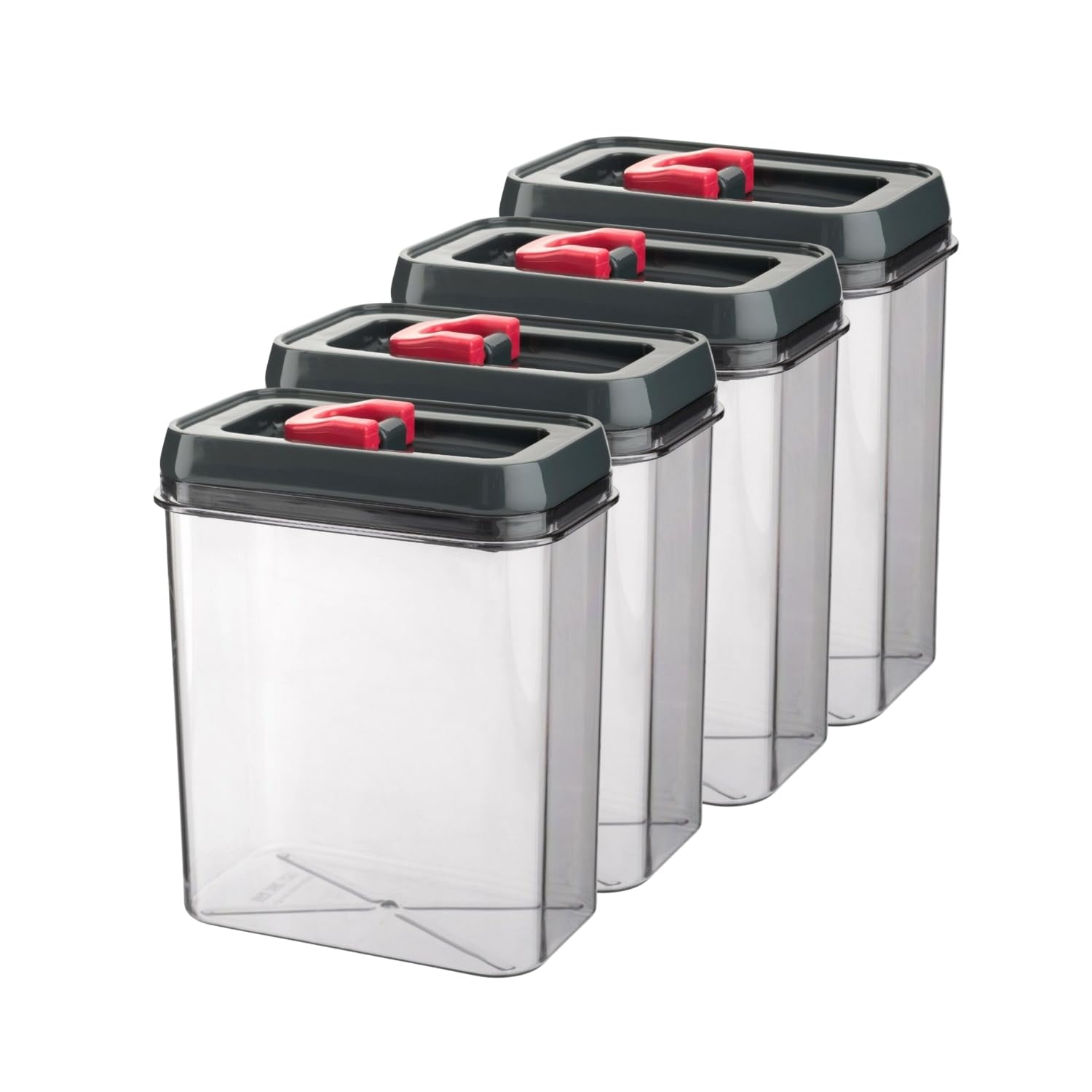 HOMESHOPA Airtight Food Storage Containers with Red Click Seal Lid 1.8 Litres, 4 Pack Clear Plastic Canisters, Kitchen & Pantry Organisation, Durable, Ideal for Pasta Cereal, Flour & Sugar