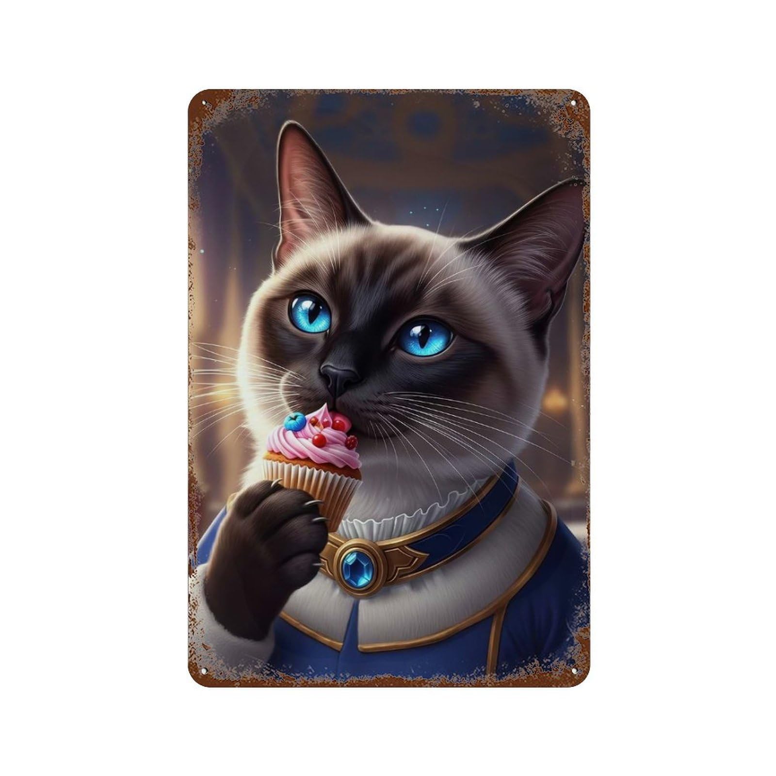 Siamese Cat with Cupcake 11.8"x7.9" Weathered Tin Sign, Shabby Chic Decor for Farmhouse, Kitchen And Entryway Decor