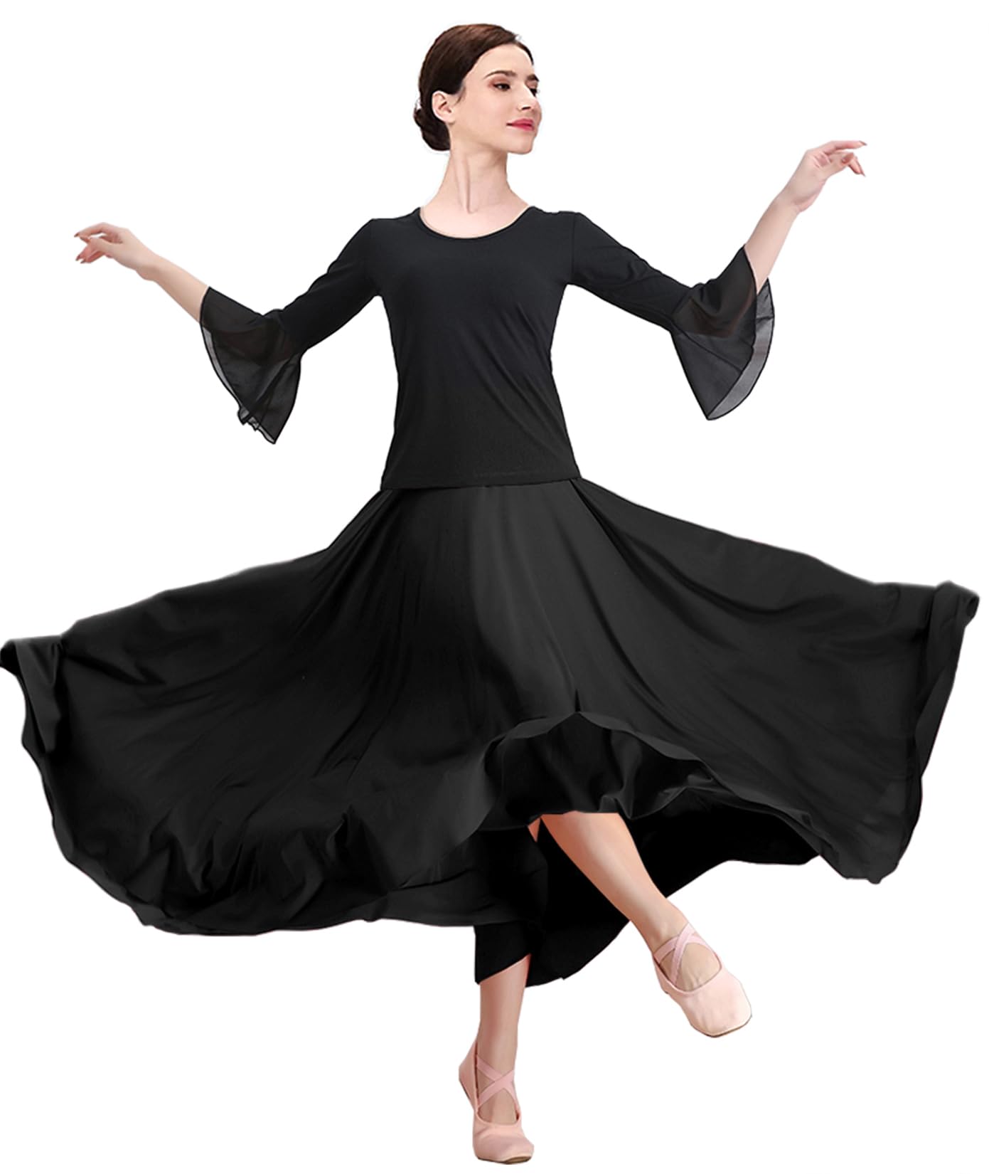 ZYACTU Women's Ballroom Dance Skirt Swing High Waist Long Skirt Modern Waltz Flamenco Dance Costumes, 05-Black, One Size