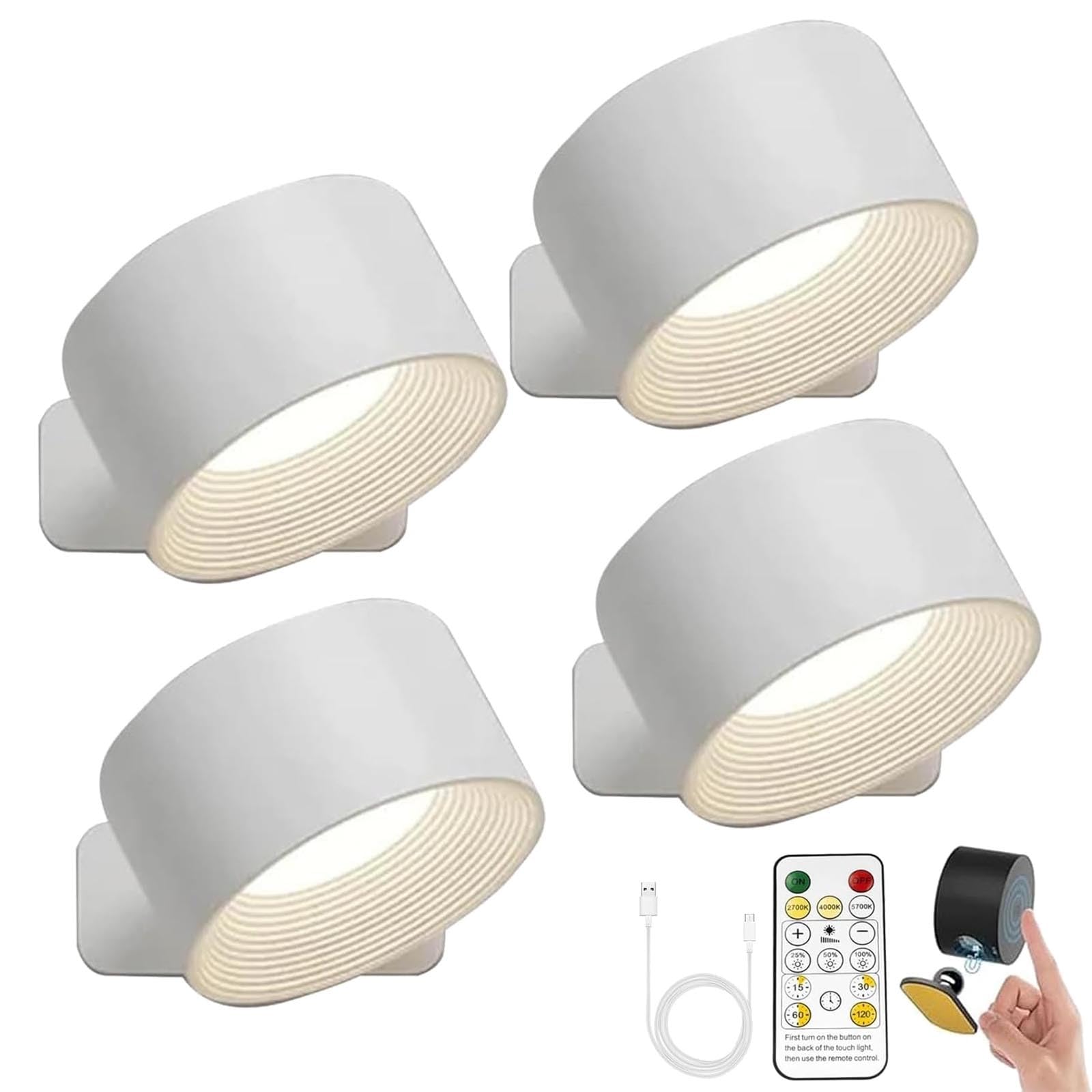 Lights of Sweden Wall Lights, Lights of Sweden Wall Lamps, 360°Rotate LED Wall Lights with Remote, Rechargeable Mounted Sconces, for Bathroom Kitchen(White,4pcs)