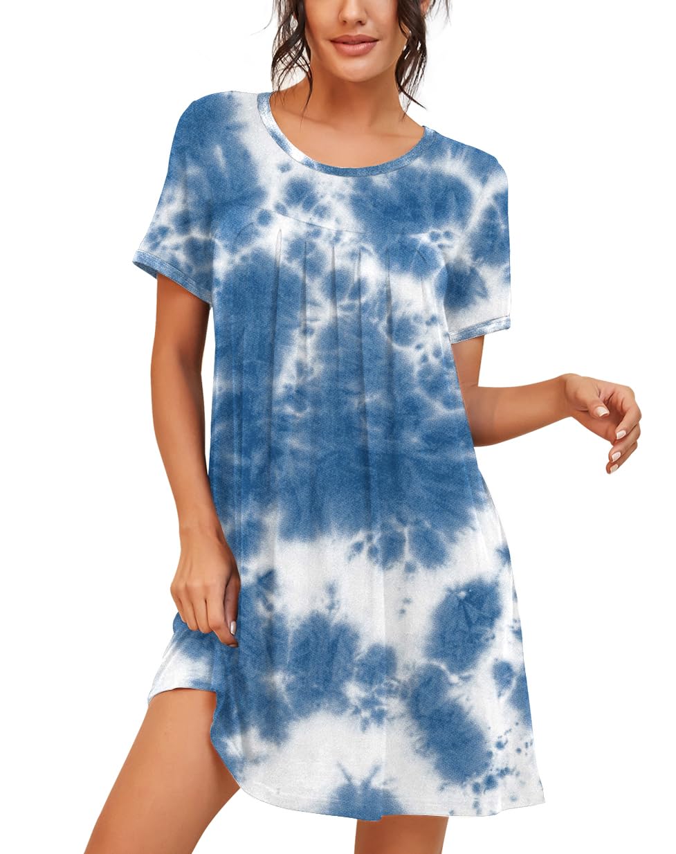 PrinStory Womens Sleepwear Short Sleeve Nightgown Soft Sleepshirt Pleated Nightshirt Scoopneck Casual Loungewear