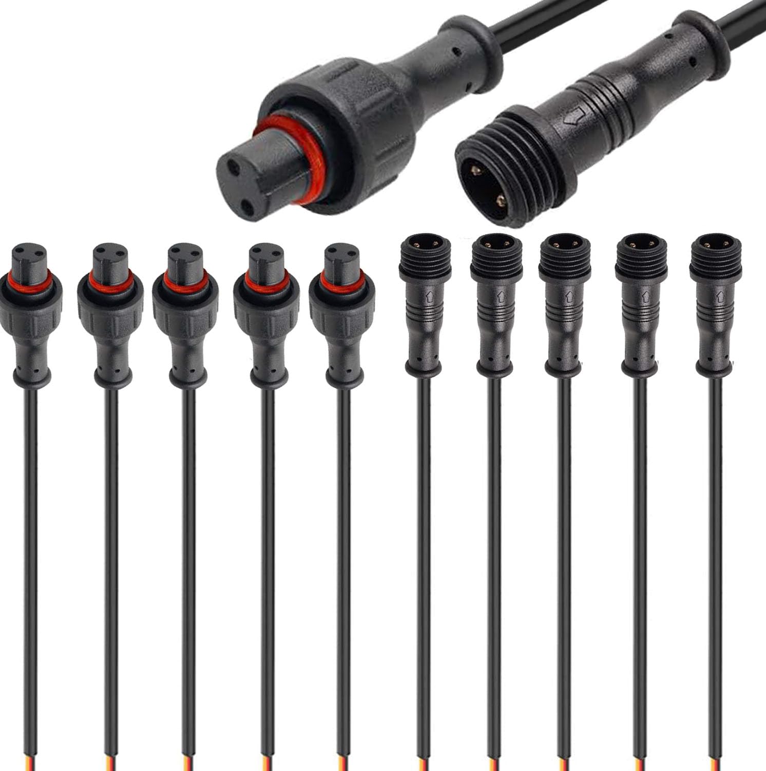 RUNCCI-YUN 5 par 2 pin wodoodporne złącza przedłużacz wtyczka męska i żeńska 2 piny IP67 wodoodporne złącze elektryczne przedłużacz 22AWG 20 cm ara taśmy LED