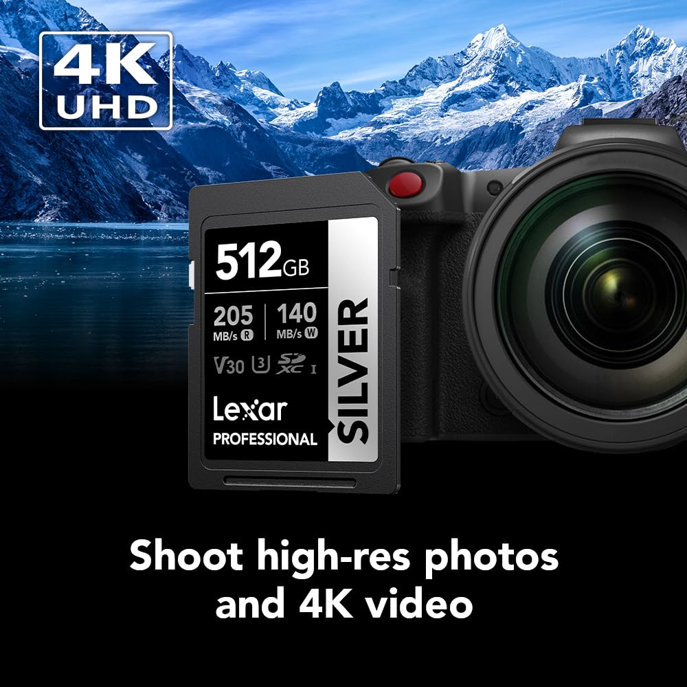 Lexar Tarjeta de memoria SD plateada de 512 GB, lectura de 205 MB/s, 4K, V30, U3, UHS-I | Compatible con Canon, Sony, Nikon, ideal para fotógrafos profesionales, videógrafos, entusiastas, LSDSILV512G-BNNNU