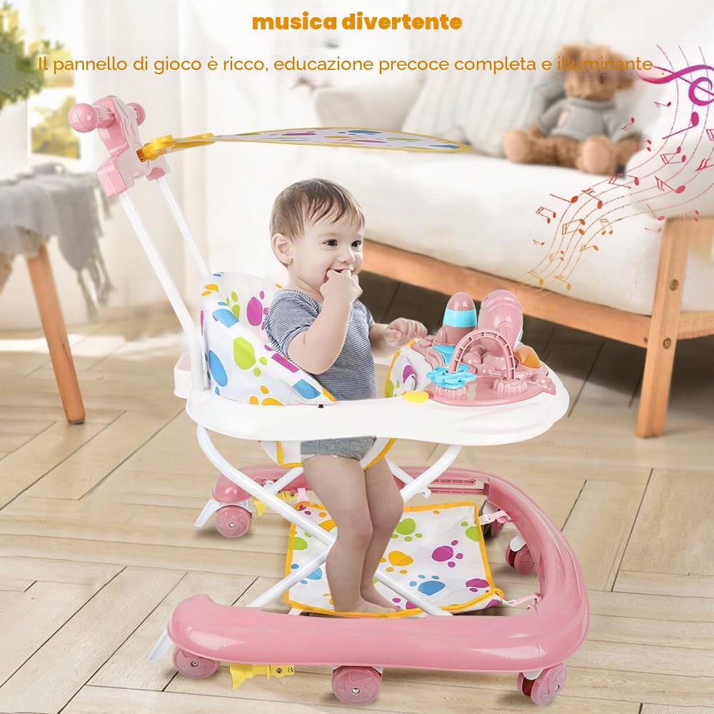 Girello per bambini con vassoio per attività musicali rimovibile, girello per bambini facilmente pieghevole, altezza regolabile, a partire da 6 mesi, 62 x 68 x 36-81 cm (rosa)