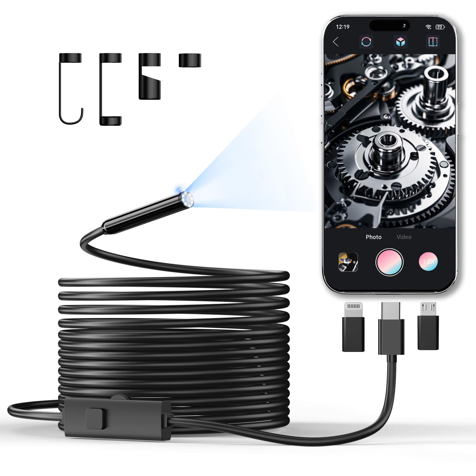 Endoscope Camera with Light, 1920P HD Borescope Inspection Camera | with 8 Adjustable LEDs, IP67 Waterproof Semi-Rigid Snake Cable for Android, iPhone, and iPad(16.4ft, Single Lens)