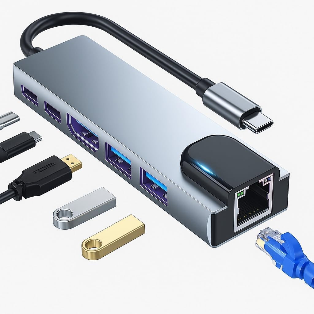 Adaptador Hub USB-C Multiportas 6 em 1, HDMI 4K, USB 3.0, USB 2.0, USB-C PD 100W – Tipo C