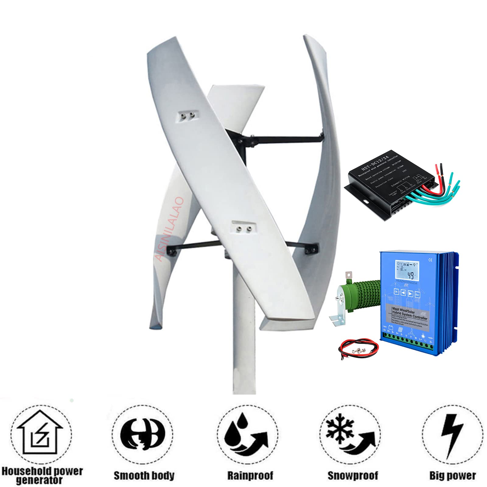 Pionowy generator wiatru, 3-łopatkowy, 1000 W, wysokowydajny i niski poziom hałasu, z hybrydowym kontrolerem MPPT, 12 V/24 V/48 V, do użytku domowego, rolniczego i miejskiego.