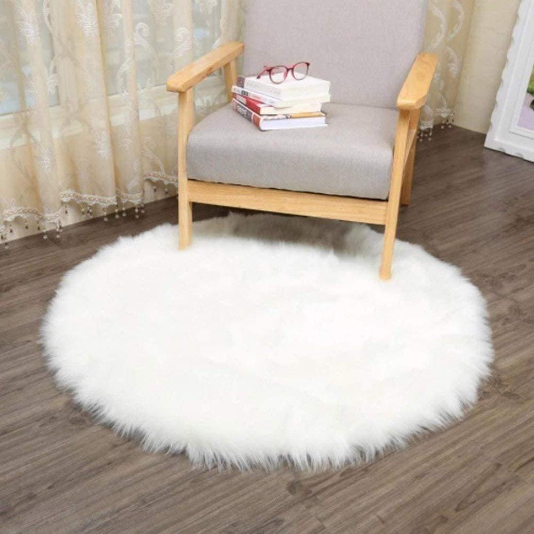 DELFINO Rug Bedroom Fluffy Carpets Soft Artificial Sheepskin Faux Fleece Chair Cover Seat Pad Soft Fluffy Shaggy Area Rugs For Living Room Sheepskin Style Rug (White, 45 X 45CM)