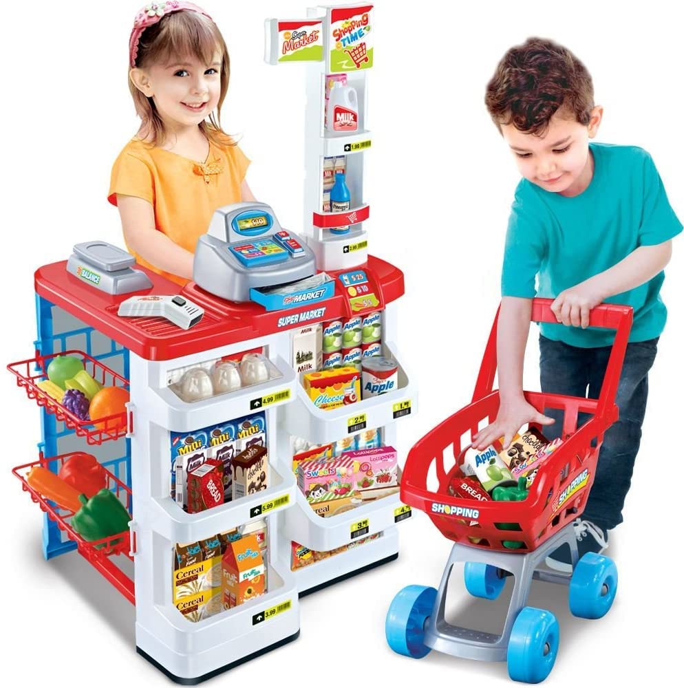 Supermarket Play Set for Kids W/Shopping Cart W/Cash Register Pretend Play Girls Boys Toddlers Age 3 4 5.