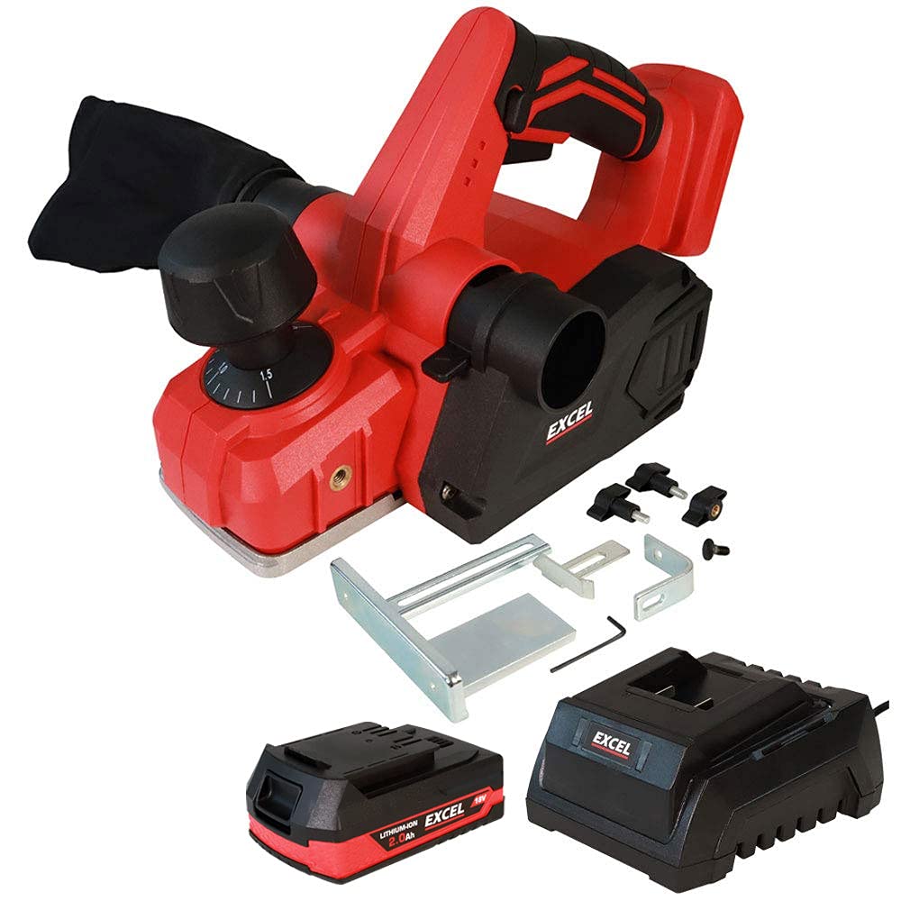 Excel 18V Cordless Planer - 82mm, Variable Speed 16000/min - Compact & Ergonomic Design - Includes 1 x 2.0Ah Battery & Charger