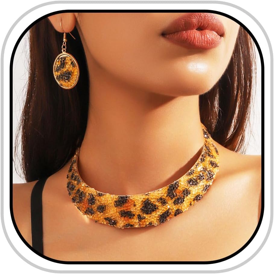 JEAIRTS Leopard African Necklace Earring Sets Gold Chunky Choker Statement Leopard Jewelry Sets for Women