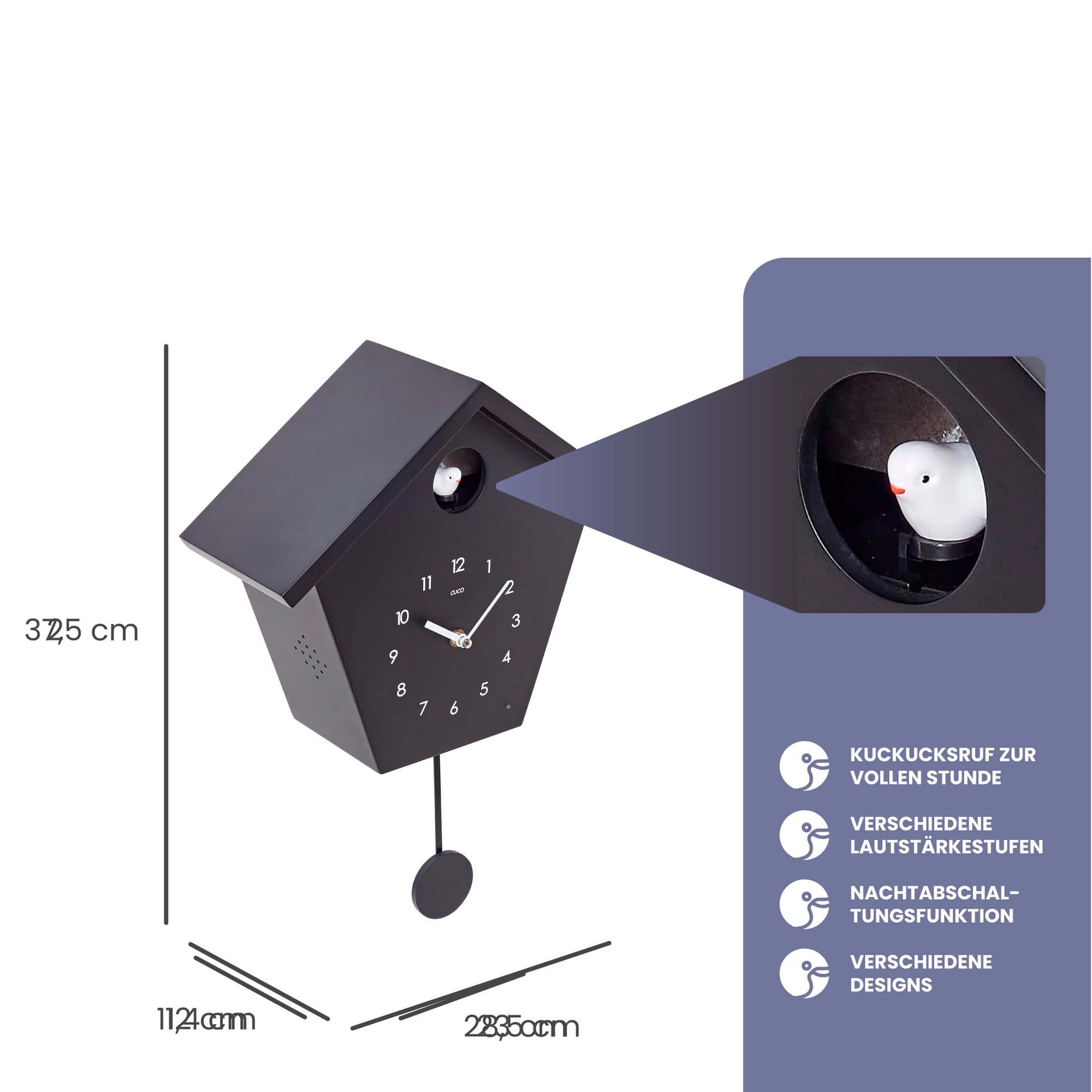 Kuckucksuhr SCHWARZWALDHAUS 25 x 28,5 x 12cm, Pendeluhr Wanduhr, Moderne Schwarzwalduhr, Pendeluhr mit Nachtruhefunktion, Vogelgezwitscher, Vogelstimme