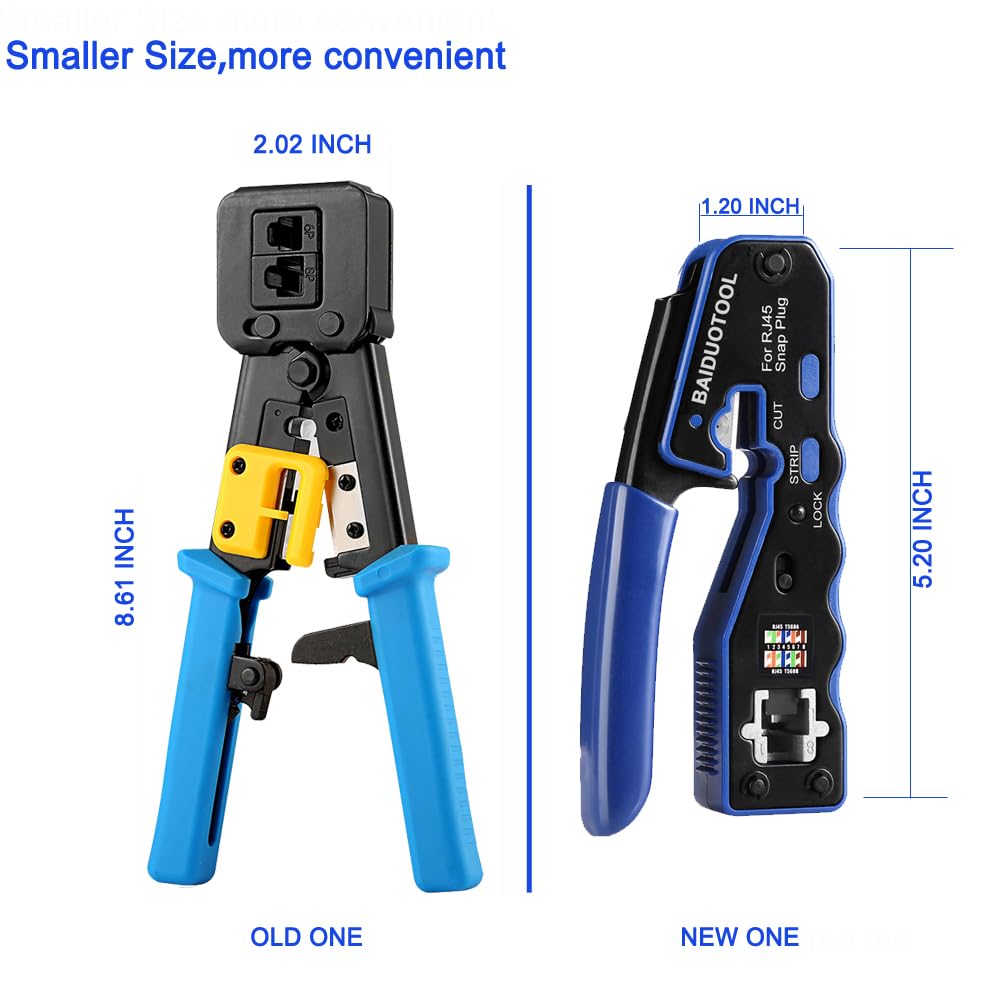 Kit di crimpatura RJ45 con pinza crimpatrice passante per Cat5, Cat5e, Cat6, Cat6a, 8P8C, connettore modulare All-In-One Cat6, crimpatrice e tester (batteria da 9 V non inclusa)