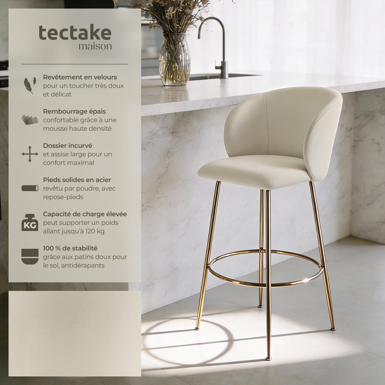 tectake® Lot de 2 Tabouret Bar Aspect Velours Chaise de Bar avec Repose-Pieds Chaise Haute Cuisine pour îlot Central H106cm Rembourrée avec Dossier Tabouret Haut Cuisine comptoir