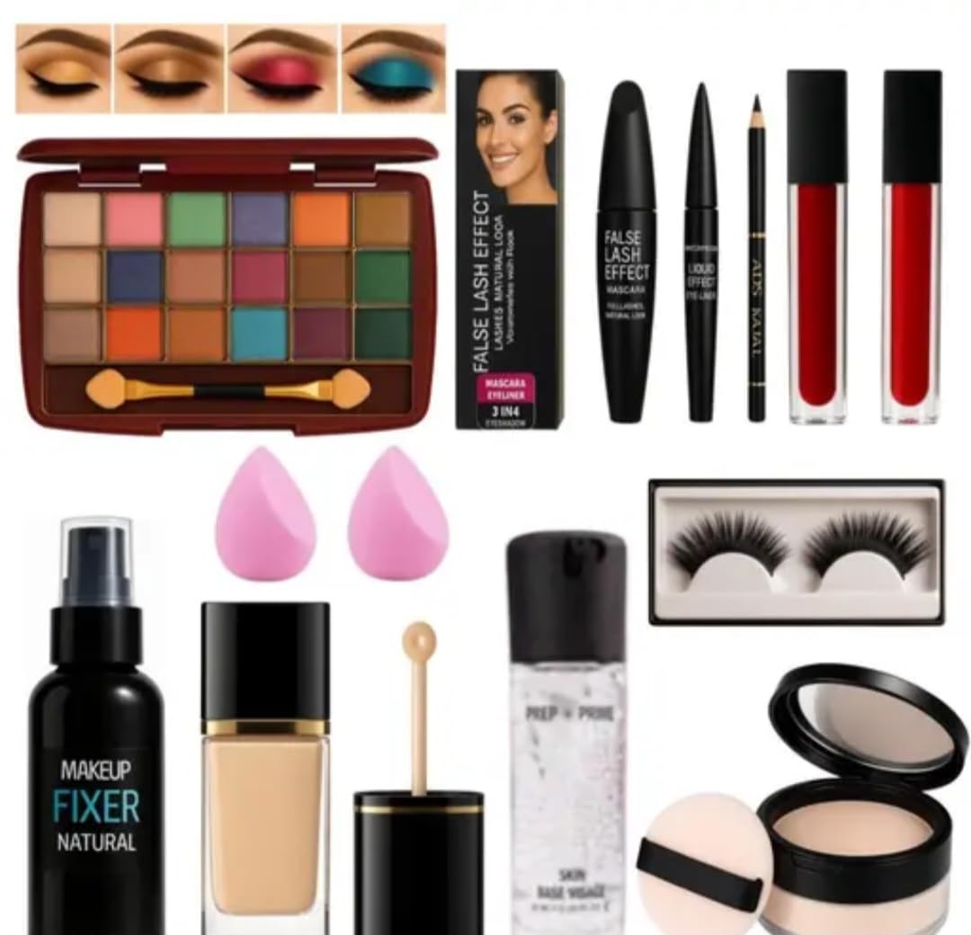Complete Makeup Kit with Eyeshadow Palette, Foundation & Fixer | 18-Shade Palette, False Lash Effect, Beauty Blender Included, Liquid Lipstick, Prep & Prime Base-image-41