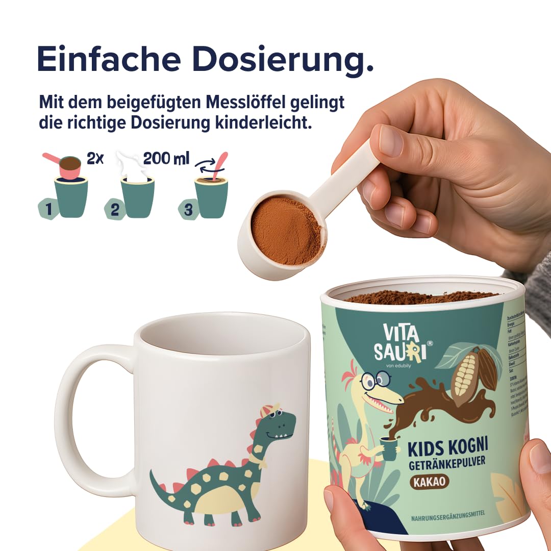 Kids Kogni - Kakao Getränkepulver zuckerfrei für Kinder - Mit B-Vitaminen, Zink, Cholin, L-Theanin und resistentem Dextrin - mit Stevia gesüßt (240 g)