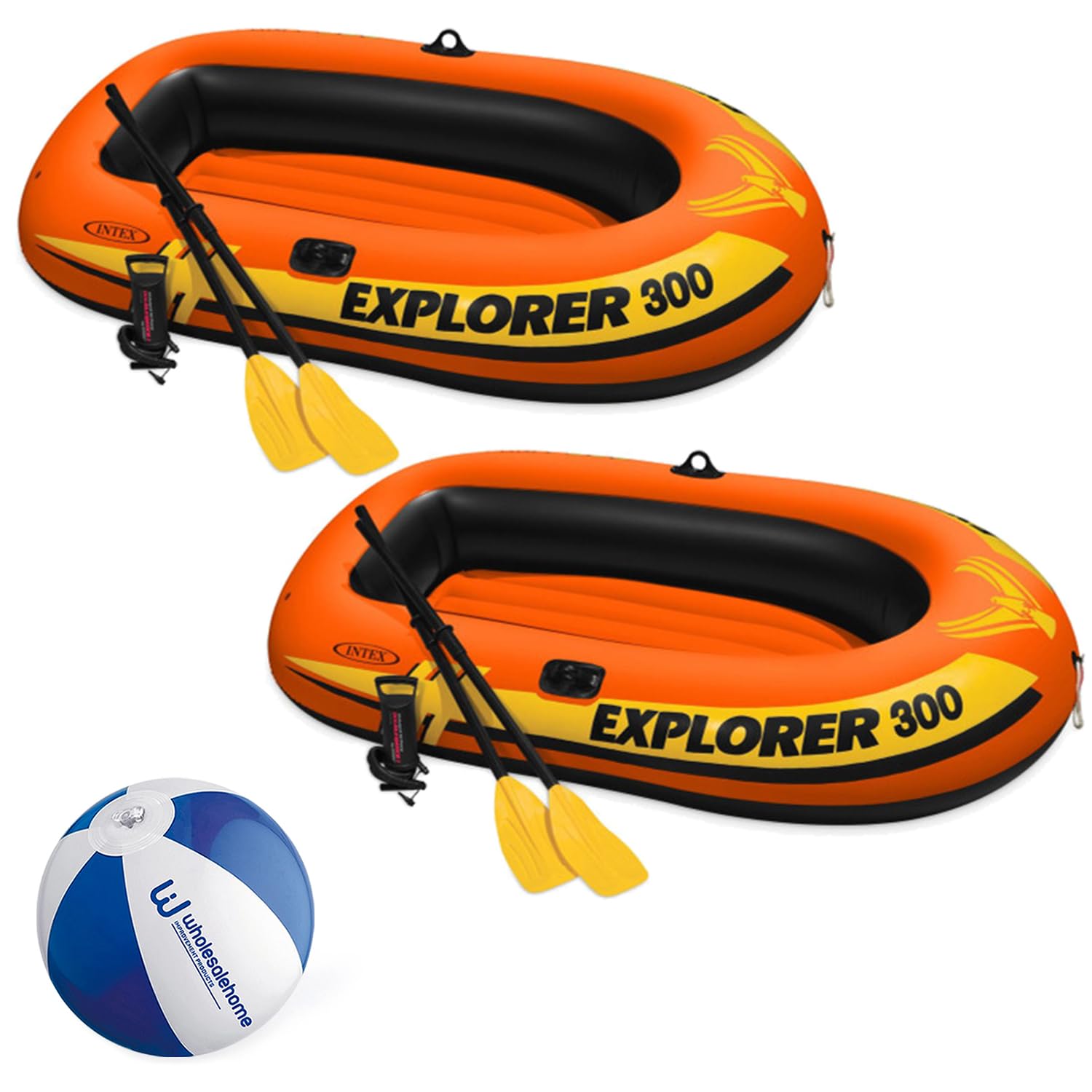Intex Inflatable Boat Set, Explorer Blow up River Raft, Heavy Duty Vinyl 2-Person Inflatable Fishing Boat with Oars and Pump, Wholesalehome Beach Ball Included
