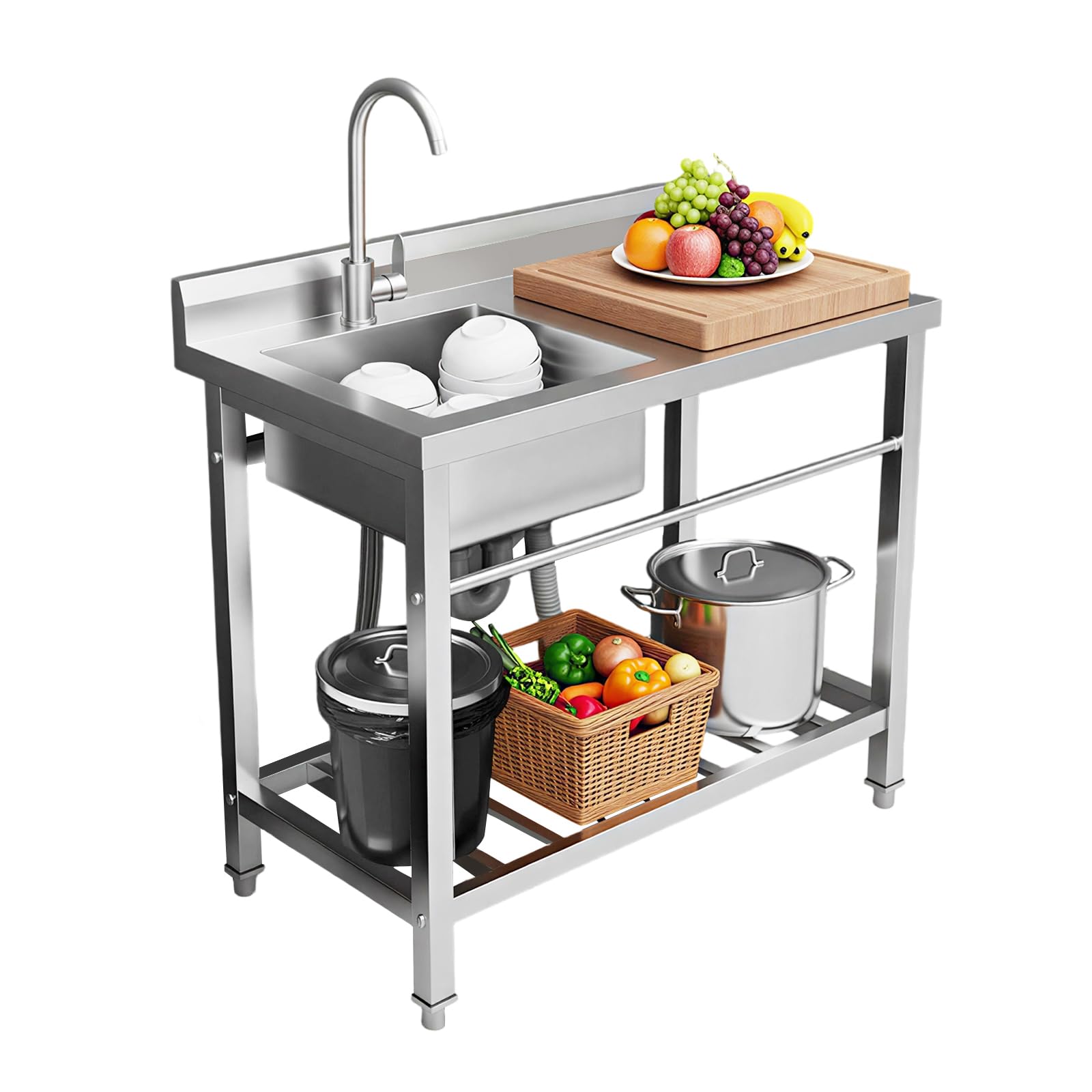 Edelstahl Spültisch, Einzelbecken Freistehende Küchenspüle mit Arbeitsplatte & Unterschrank, Profi Spültisch, Arbeitstisch Waschbecken, Gastrospüle Spülbecken (80x55x84cm, Rechts)