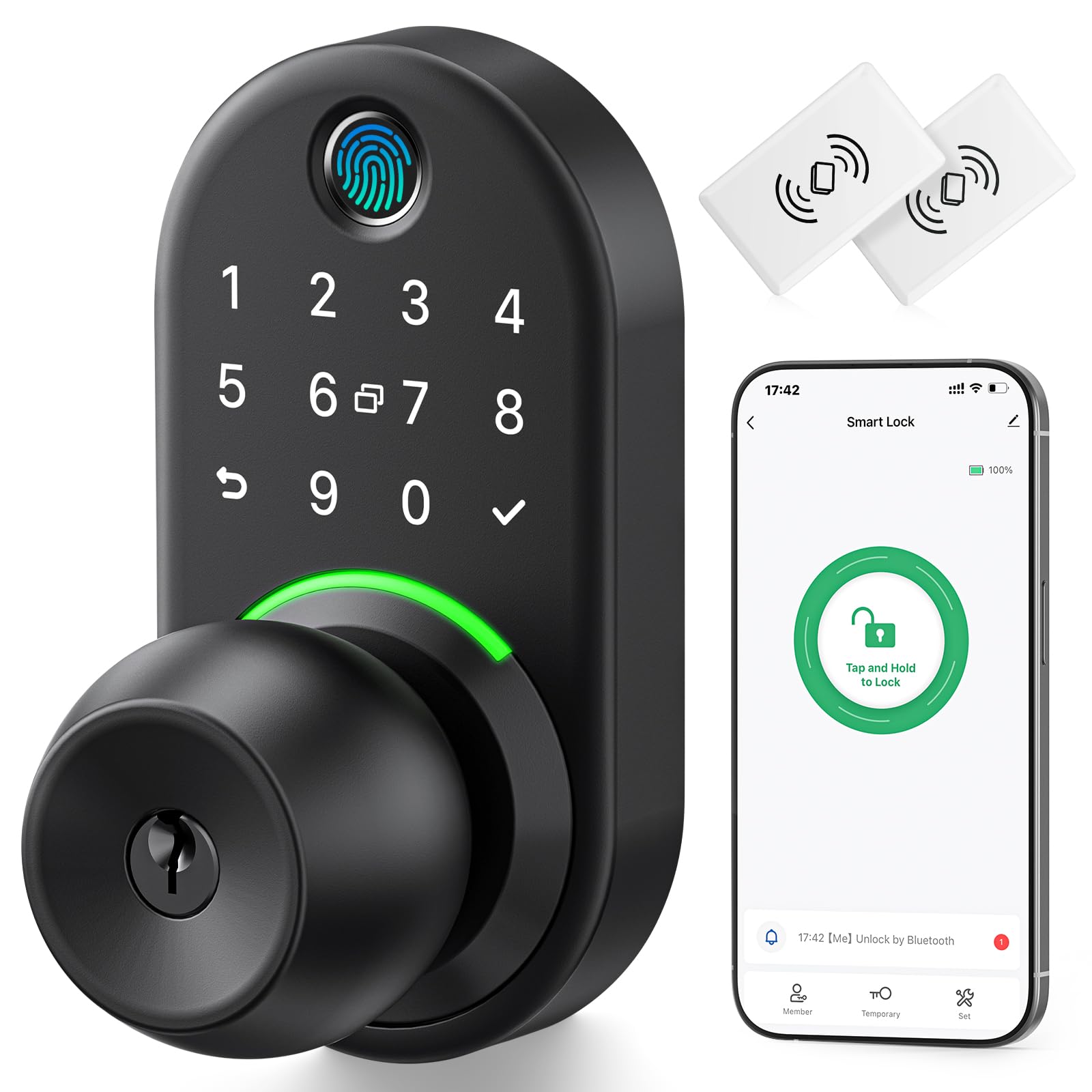 Keypad Smart Door Lock with Knob, Yamiry Keyless Entry Digital Lock with Handle, Fingerprint Electronic Knob for Front Door, Generate Passcode Remotely, Easy Installation