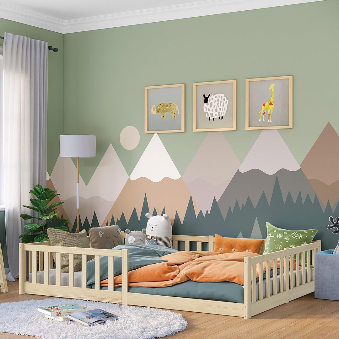 Bellabino Vere Bodenbett – 140x200 cm – Montessori Kinderbett mit Rausfallschutz & Lattenrost – Natur