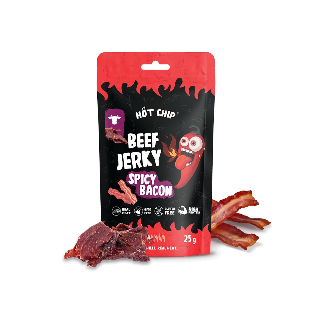 HOT-CHIP Jerky – Beef Jerky – Keto, Low Carb Snack – Proteinhaltig, Ideal für Unterwegs, Trockenfleisch, Geschenke (20 x 25 g, Bacon & Chilli)