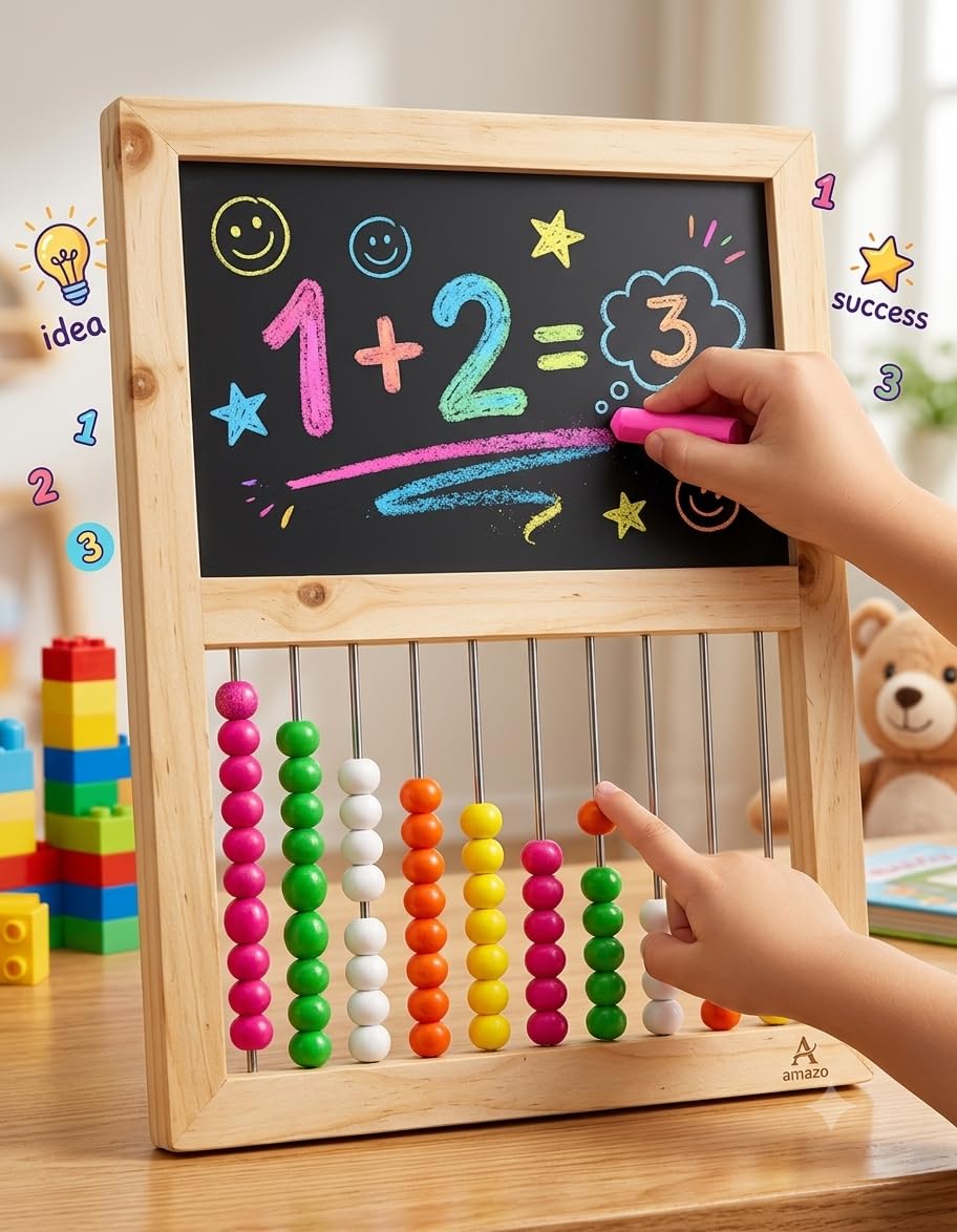 Wooden Abacus with Chalkboard | 2-in-1 Educational Learning Toy for Kids | Colourful Counting Beads Frame | Montessori Math Learning Board | Preschool Number & Writing Practice Toy-image-8