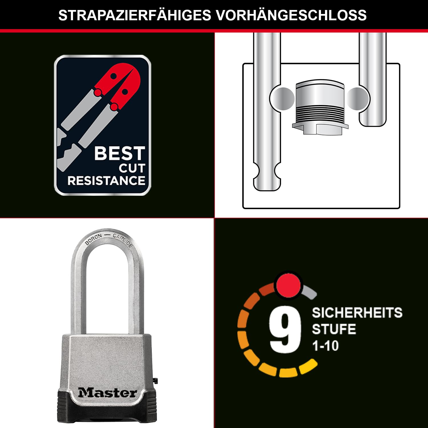MASTER LOCK Hochsicherheits Vorhängeschloss [Schlüssel und Zahlenkombination] [Zinkgehäuse] [XL Bügel] [Außenbereiche] M176EURDLH - Ideal für Lagerräume, Lagerschuppen, Garagen, Anhänger und mehr