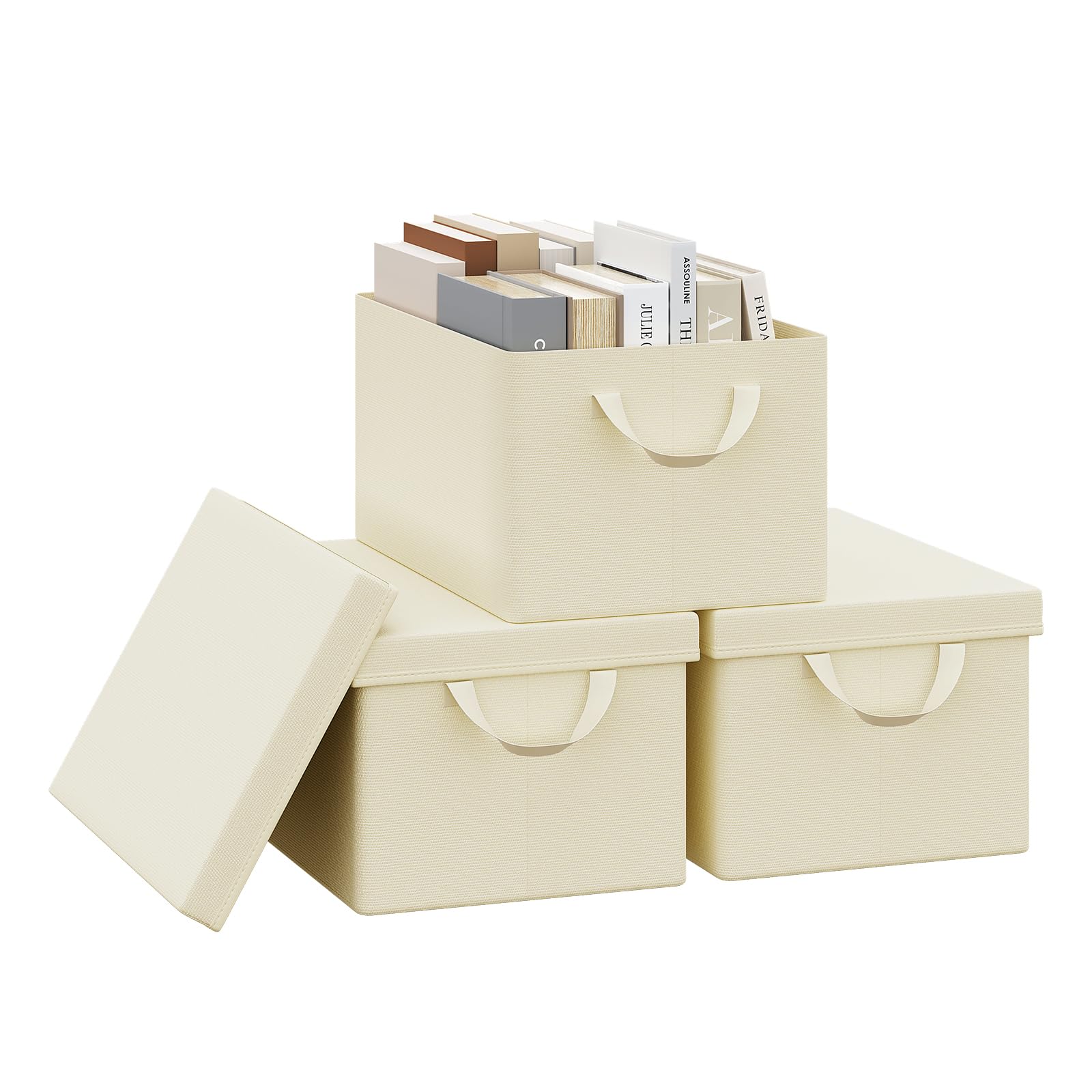 WOLTU Aufbewahrungsbox mit Deckel 3 Stück, aus Polyesterstoff, für Schlafzimmer, Arbeitszimmer, Wohnzimmer, Organizer Box mit Griffen, für Kleidung Spielzeug, faltbar, Creme, 38x27x20 cm